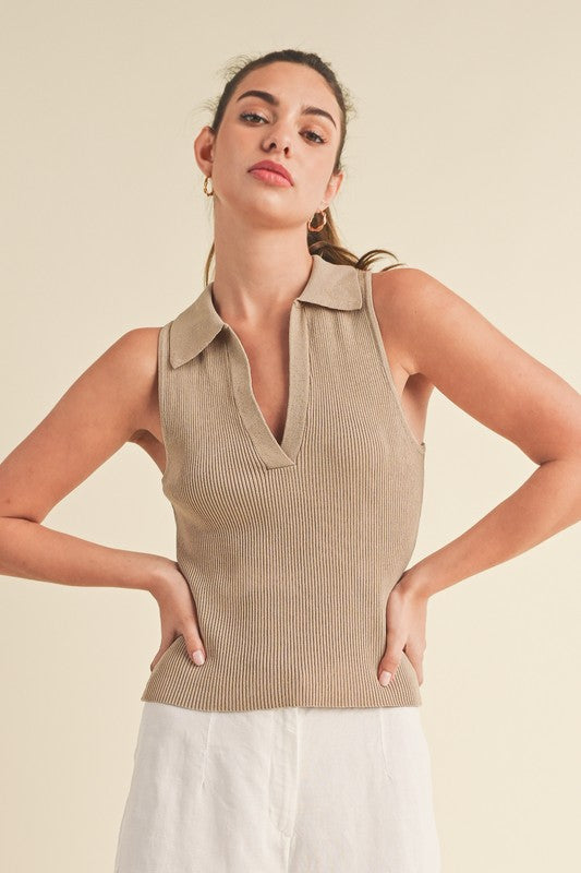 Aemi + Co women's henley tank top in light beige with a stylish collar and ribbed texture