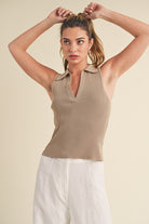 Aemi + Co women's henley tank top in beige with a collared neckline and ribbed texture
