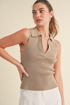 Aemi + Co women's henley tank top in taupe ribbed fabric with a collared neckline