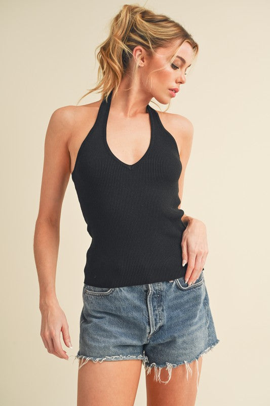 Aemi + Co Women's Henley Tank Top in Black, featuring a halter neck design and ribbed texture
