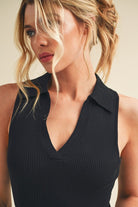 Aemi + Co women's henley tank top in black with a collar and ribbed texture for a stylish look
