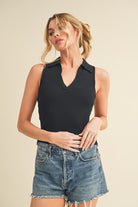 Aemi + Co Women's Henley Tank Top in Black with Sleeveless Design and Ribbed Texture