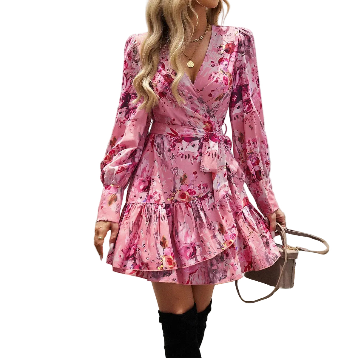 Women's long sleeve summer dress in pink floral print, perfect for outings