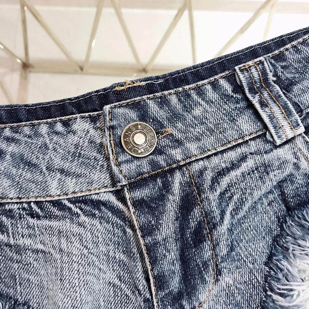 women's low waist denim shorts, distressed blue denim for casual wear