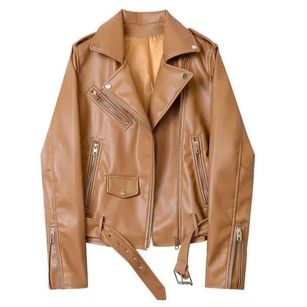 Womens Motorcycle Jackets Pu Leather Detachable Belt - VacationGrabs
