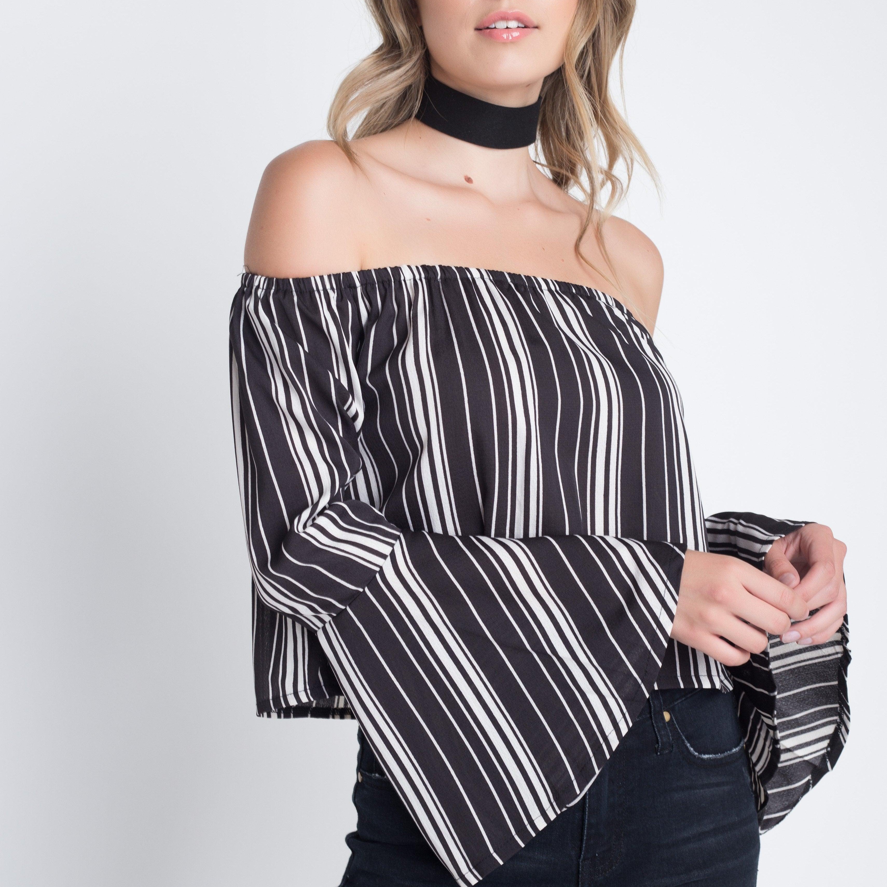Women's Shirts Womens Off Shoulder Casual Stripe Bell Sleeve Top