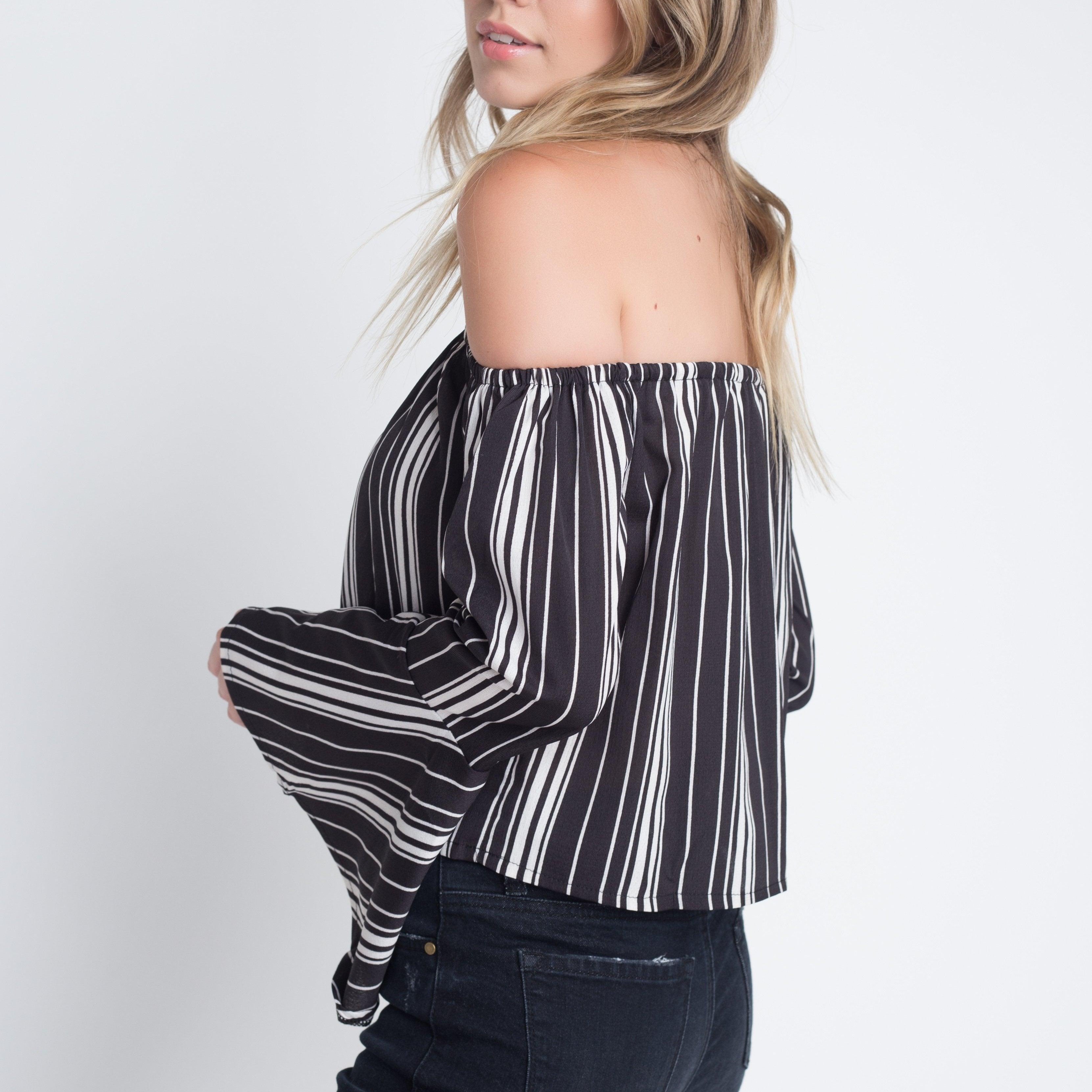Women's Shirts Womens Off Shoulder Casual Stripe Bell Sleeve Top