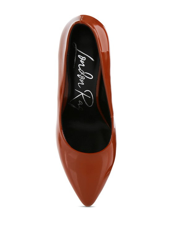 women's patent high heel sandals in rust color for elegant occasions