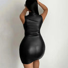 Back view of womens pu leather party dress in black sleeveless style with high neckline