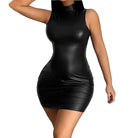 Black womens pu leather party dress sleeveless high neck bodycon mini dress