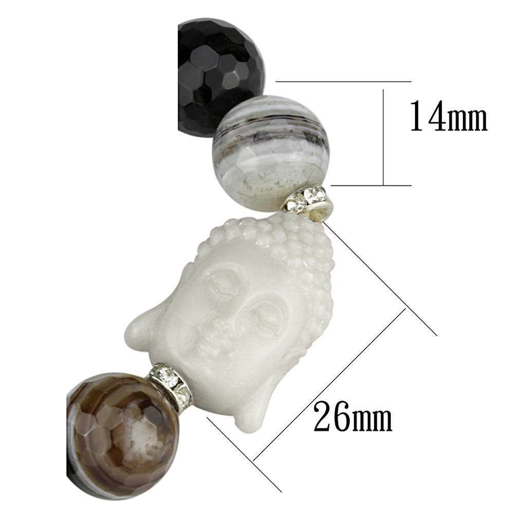 Women's rhodium brass Buddha bracelet featuring a carved Buddha head with mixed stone beads