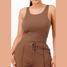VacationGrabs women's ribbed tank top and pant set in brown with drawstring waist and sleeveless design