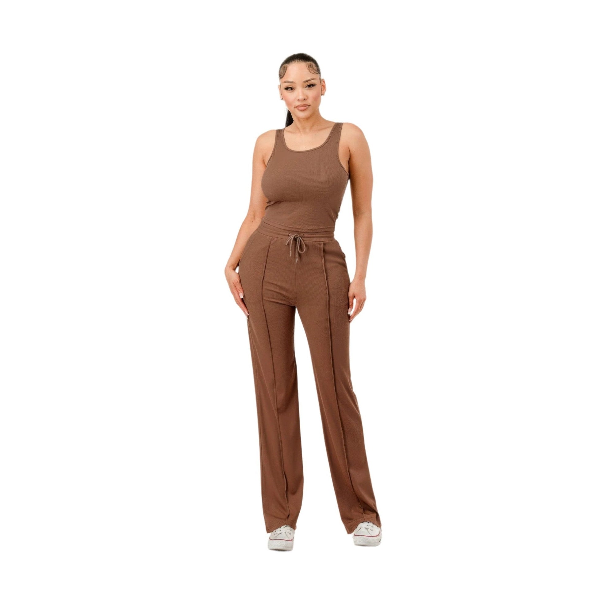 VacationGrabs women's ribbed tank top and pant set in brown with drawstring waist and casual fit