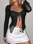 VacationGrabs womens sexy navel exposed shirt in black with long sleeves and front tie detail