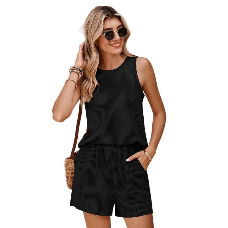 SHEWIN INC womens sleeveless top and shorts set in black with round neck and casual fit