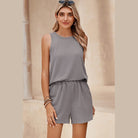 SHEWIN INC womens sleeveless top and shorts set in gray ribbed fabric with elastic waistband