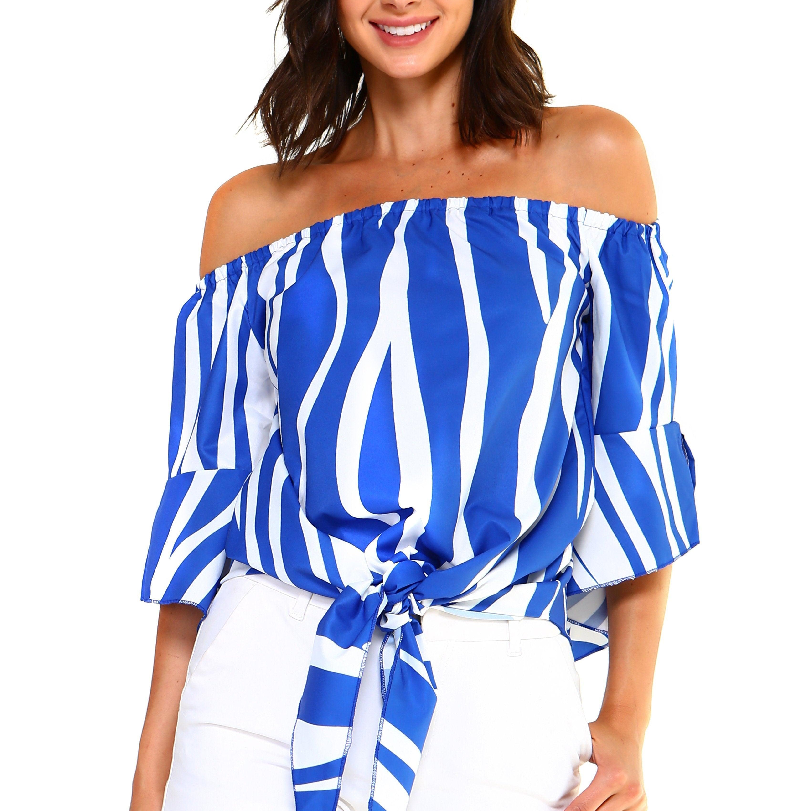 Women's Shirts Womens Strapless Striped Bandage Blouse Tie Front Shirt