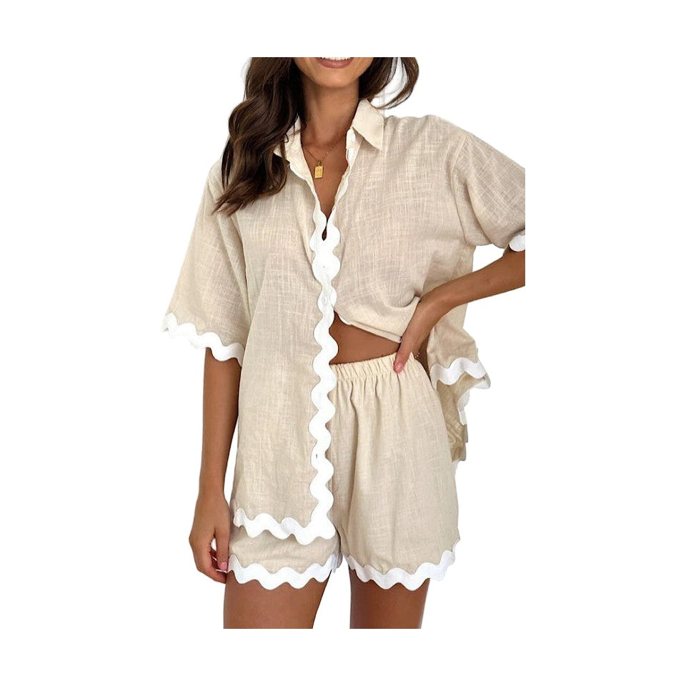 Miss Sparkling womens vacation shorts set in beige with white scalloped trim and relaxed fit