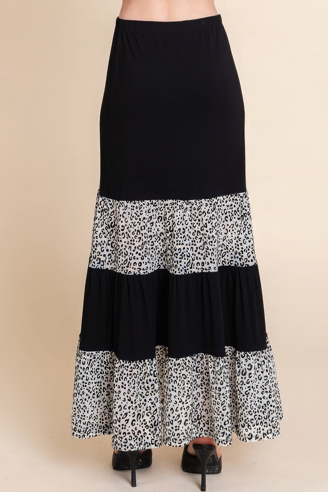 VacationGrabs womens velvet mesh fashion skirt in black with leopard print tiered design and elastic waistband