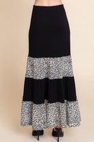VacationGrabs womens velvet mesh fashion skirt in black with leopard print tiered design and elastic waistband