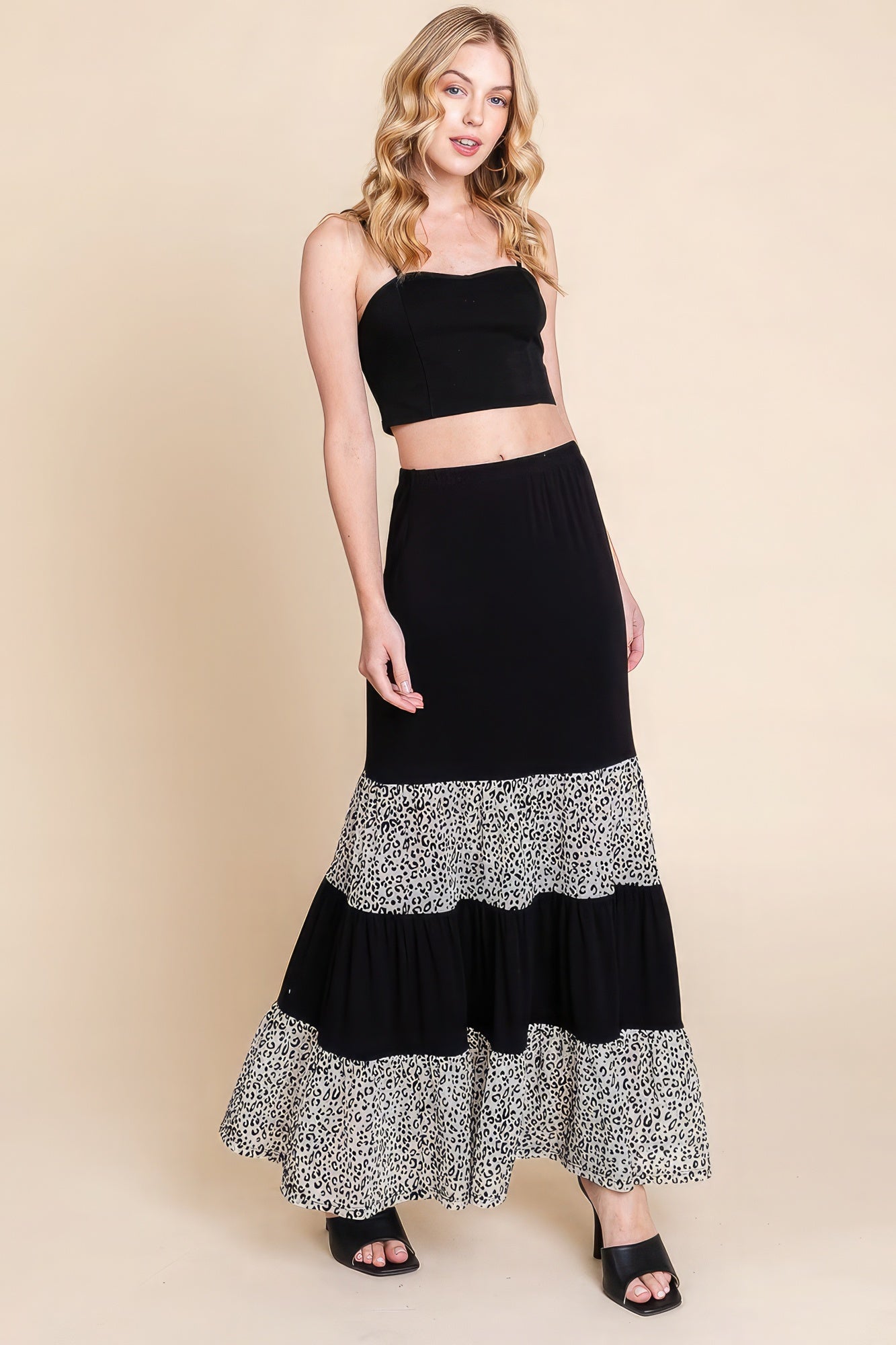 Womens velvet mesh fashion skirt by VacationGrabs black tiered maxi skirt with animal print panels