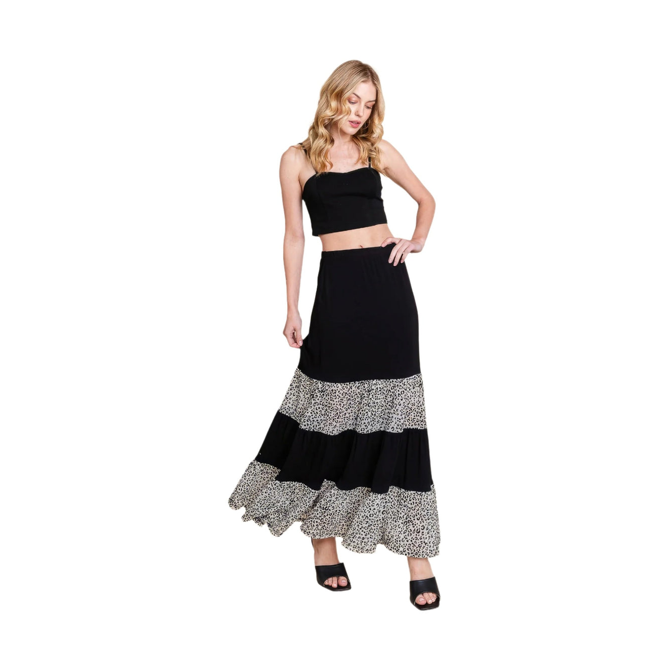 VacationGrabs womens velvet mesh fashion skirt in black with animal print tiered design