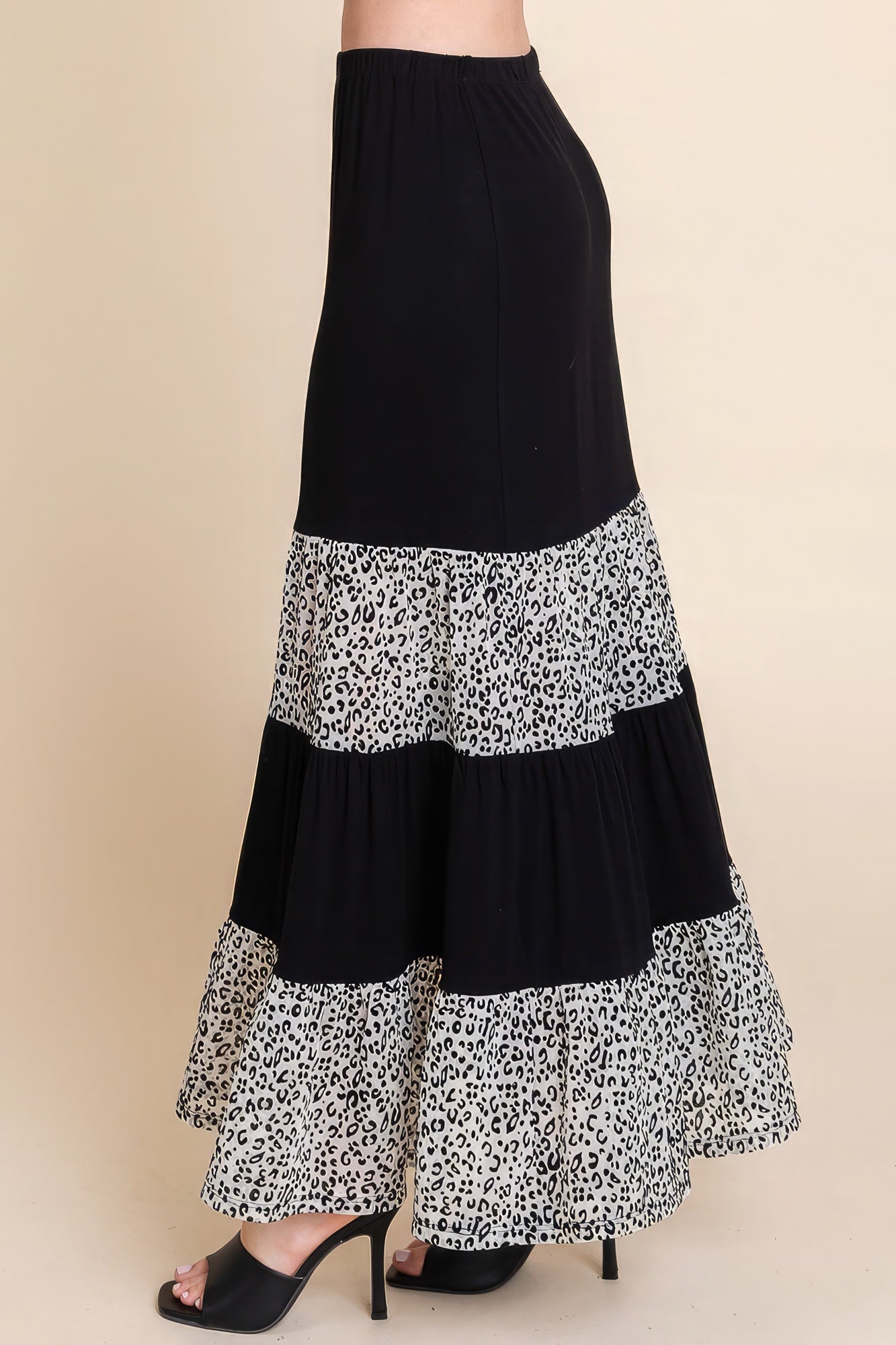 VacationGrabs womens velvet mesh fashion skirt in black with leopard print tiered design