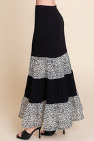 VacationGrabs womens velvet mesh fashion skirt in black with leopard print tiered design