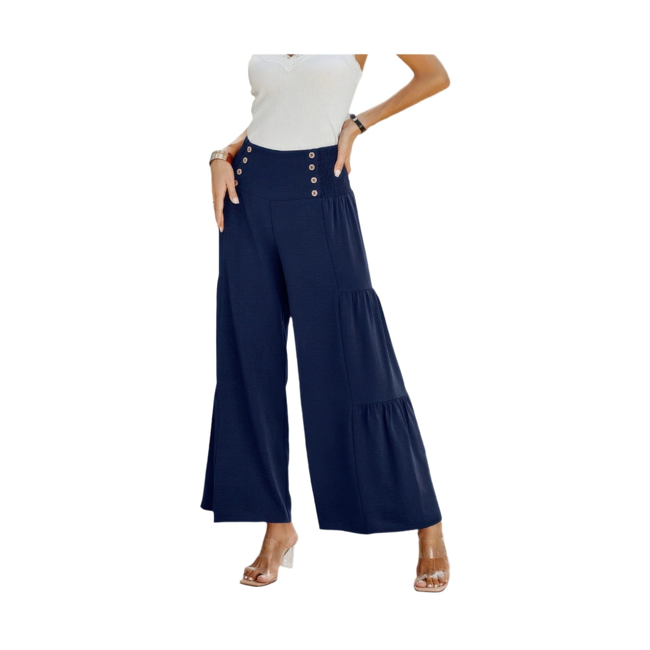 VacationGrabs womens wide leg vacation pants in navy with button details and tiered design