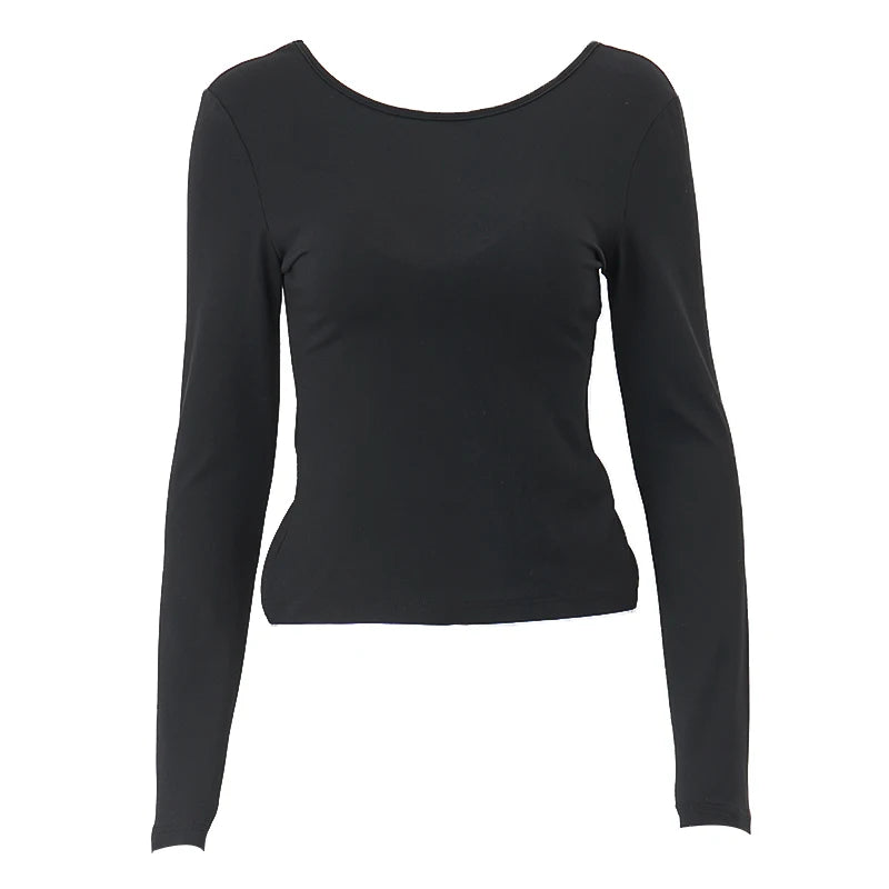 Black backless crop top for women with long sleeves and a fitted silhouette