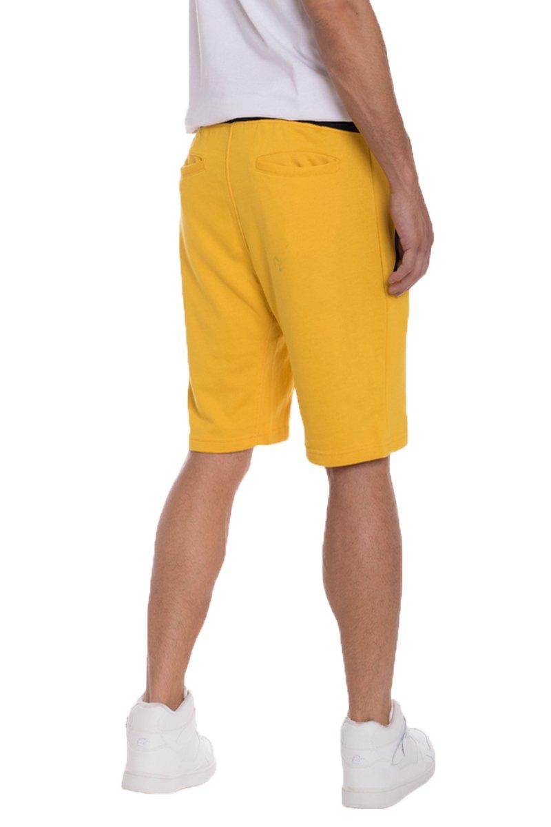 Men's yellow drawstring shorts with a comfortable fit for casual summer wear
