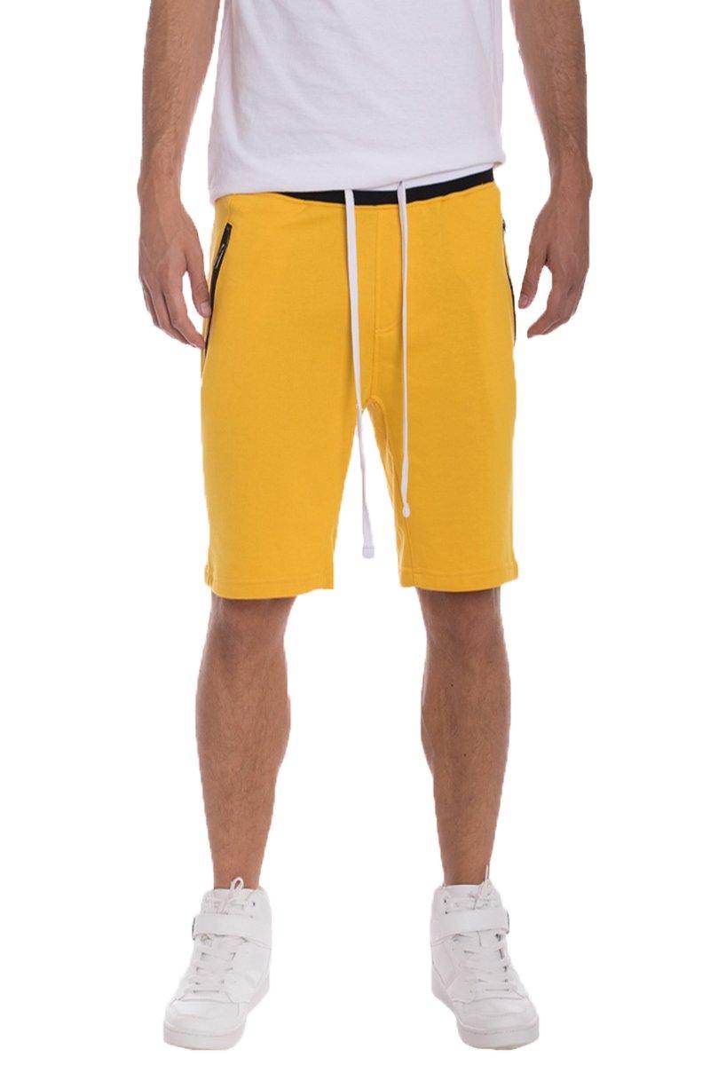 Men's yellow drawstring shorts from VacationGrabs with side zip pockets for comfort and style