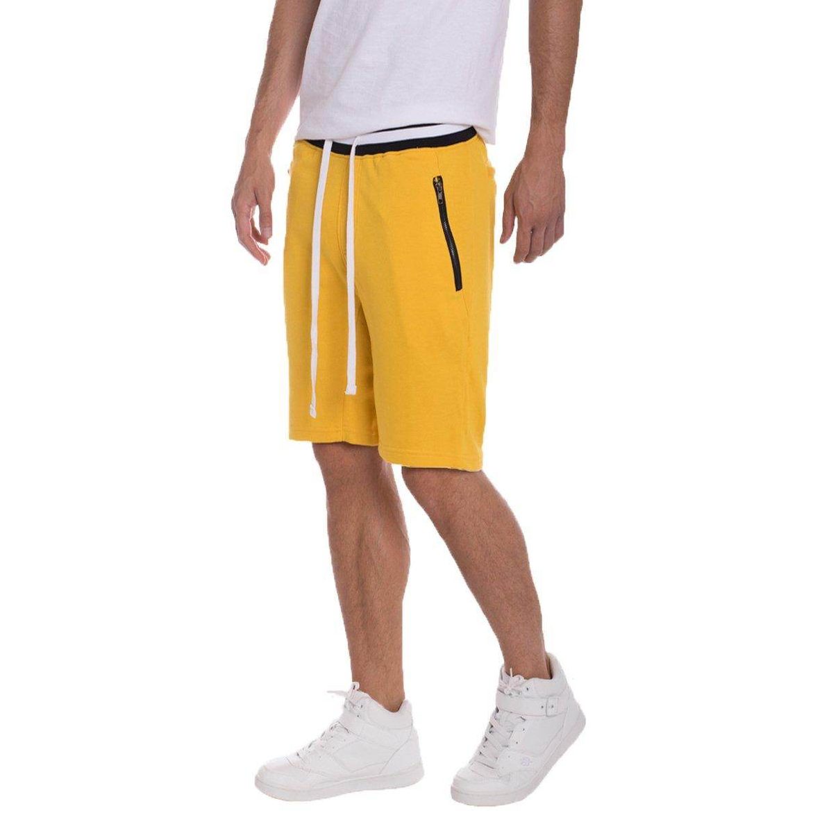 Men's yellow drawstring shorts with side zip pocket, perfect for casual wear and summer activities