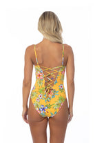 Back view of yellow floral one piece swimsuit by Beach Joy Bikini with adjustable crisscross straps