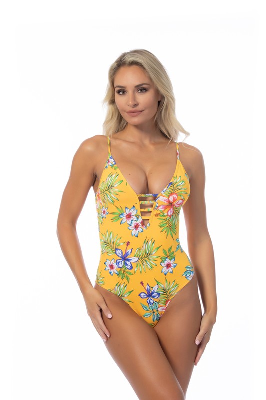 Beach Joy Bikini yellow floral one piece swimsuit with tropical print and thin straps