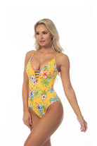 Beach Joy Bikini yellow floral one piece swimsuit with tropical print and adjustable straps for women