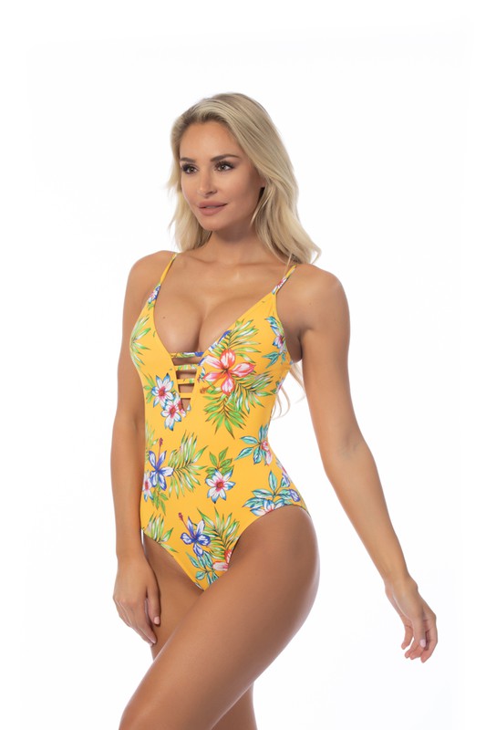 Beach Joy Bikini yellow floral one piece swimsuit with tropical print and adjustable straps for women