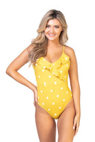 Beach Joy Bikini yellow polka dot one piece swimsuit with ruffle detail on model