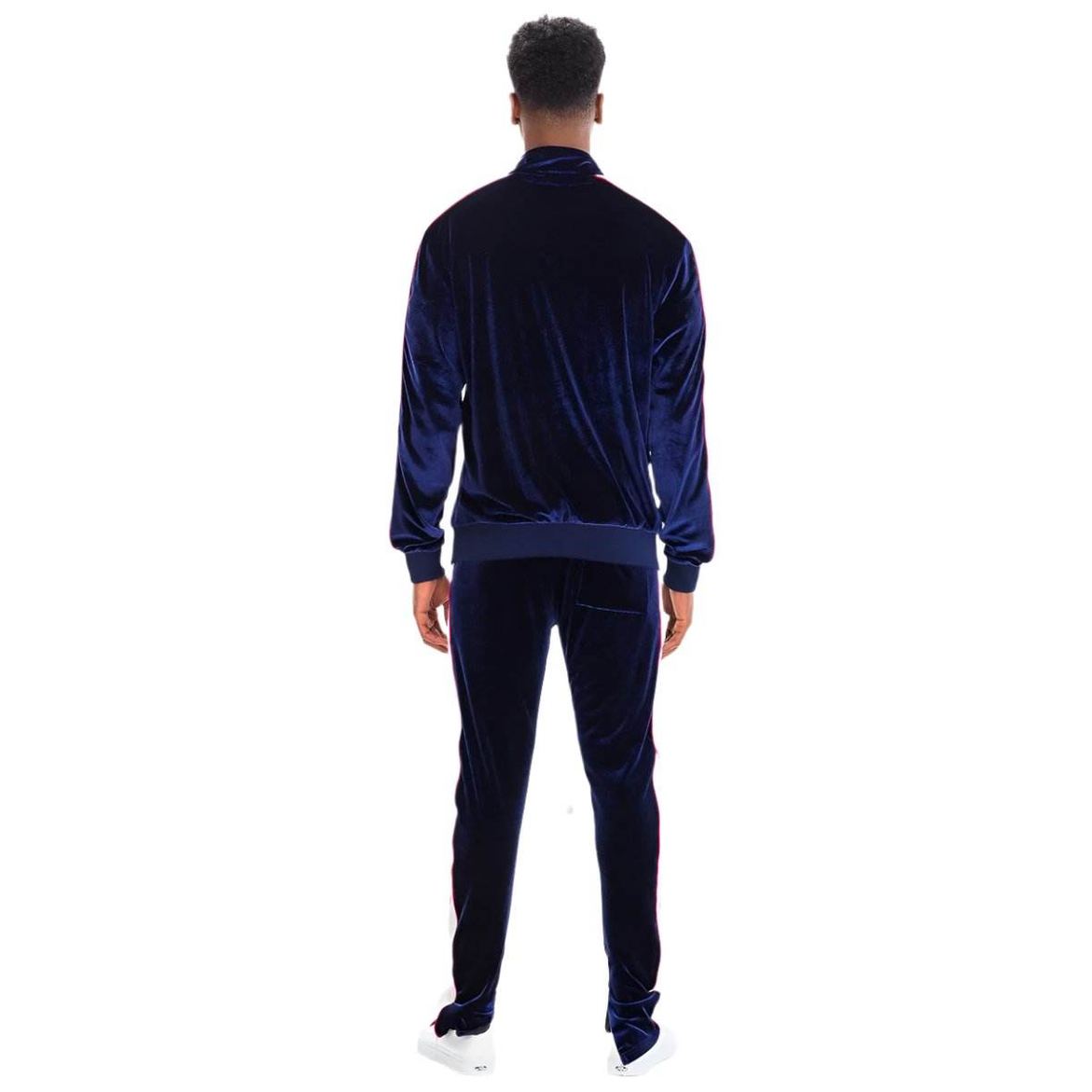 Men's 2PC Track Sets featuring a zip front velour jacket and matching pants in navy blue