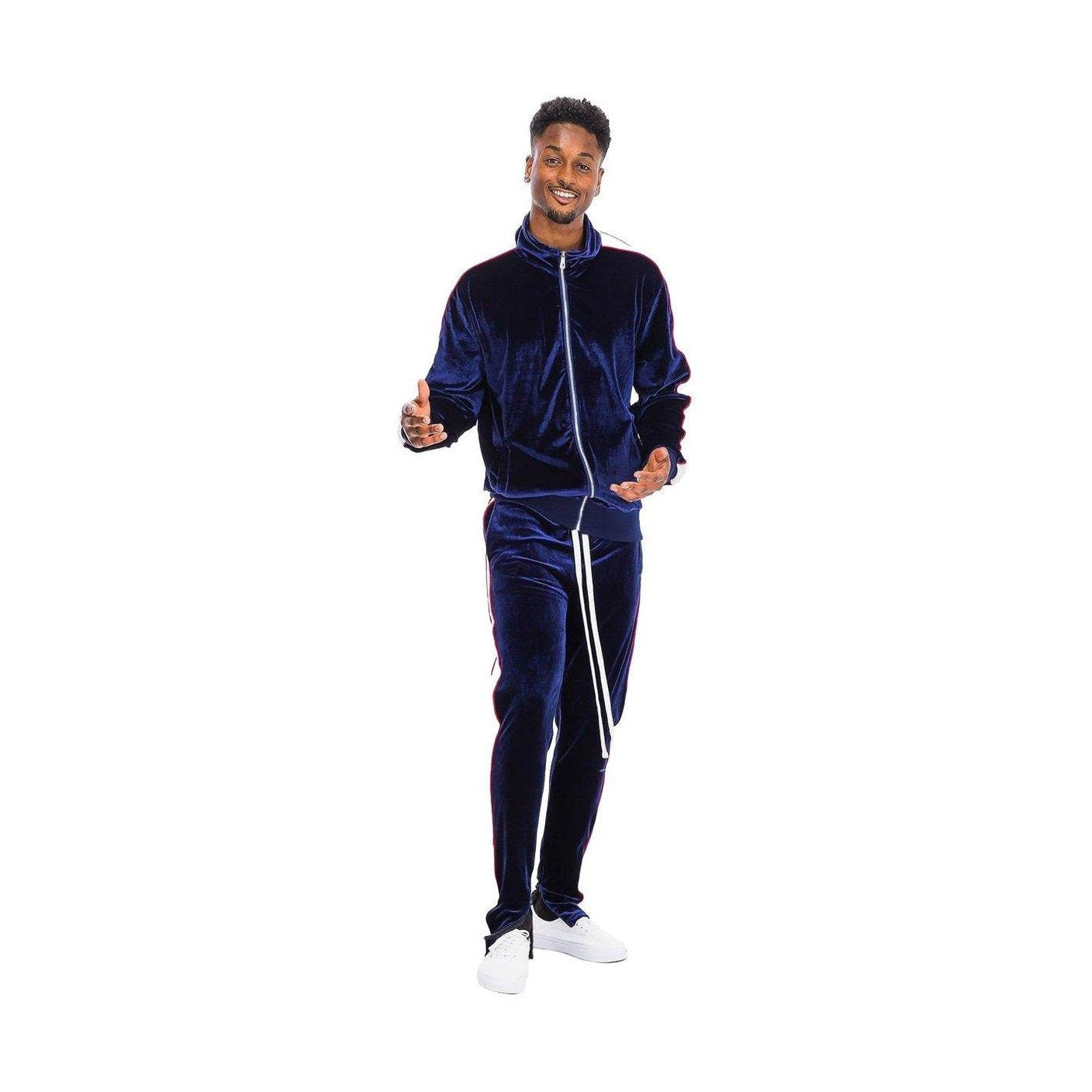 Men's 2PC Track Set with zip front velour jacket pants in navy, perfect for casual outings and lounging
