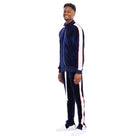 Men's 2PC Track Set featuring zip front velour jacket and matching pants in navy blue with white stripes