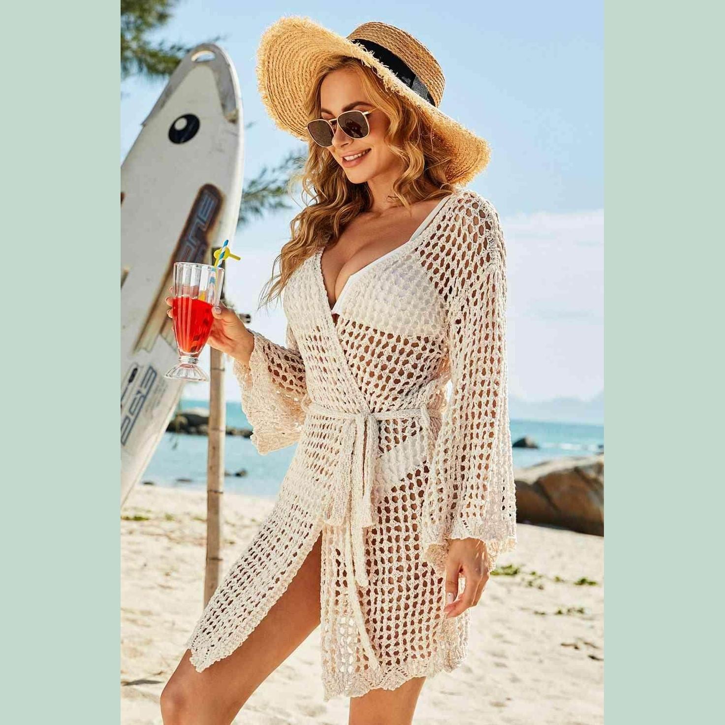 Tie-Waist Openwork Crochet Cover Up - VacationGrabs