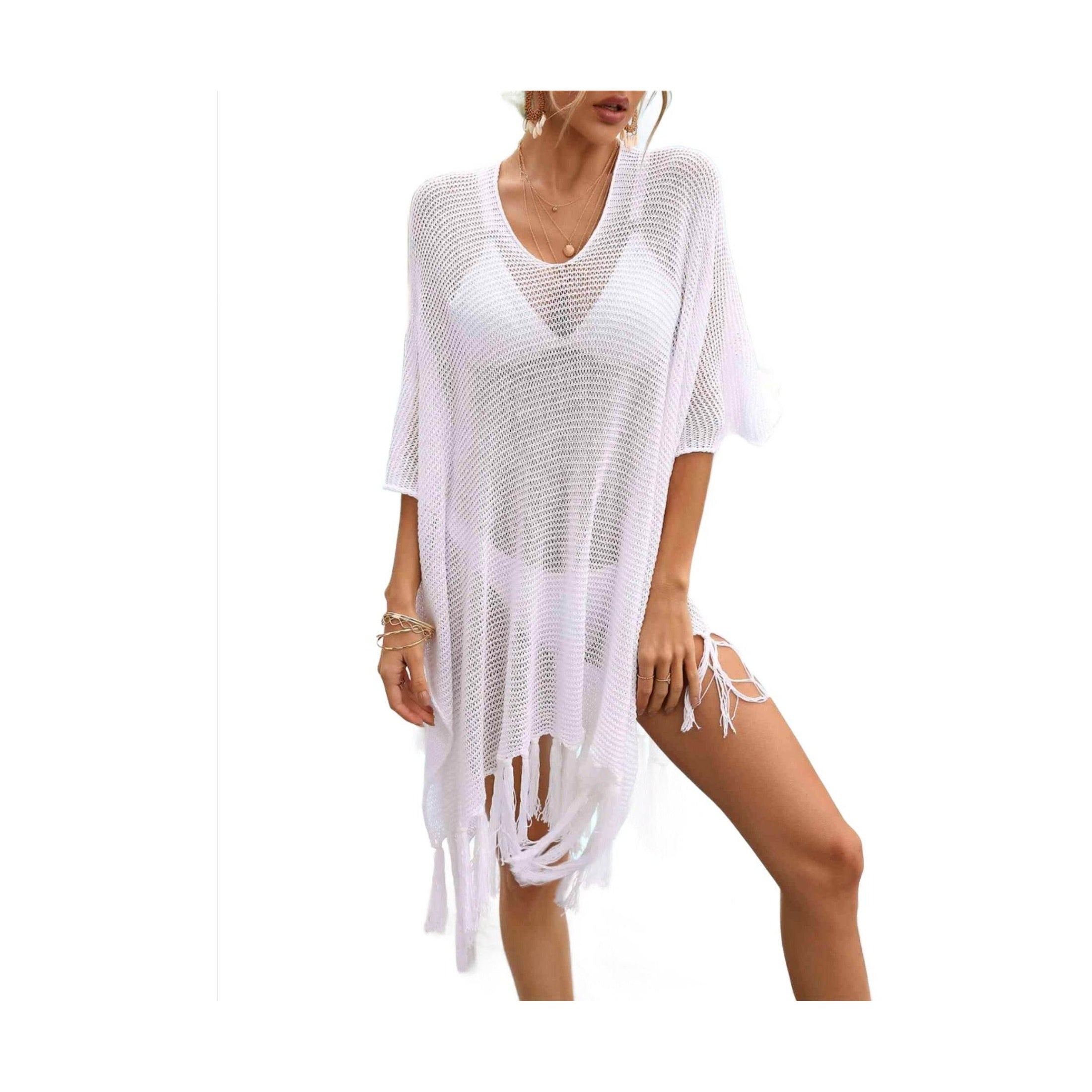 Fringe Trim Dolman Sleeve Openwork Cover-Up - VacationGrabs