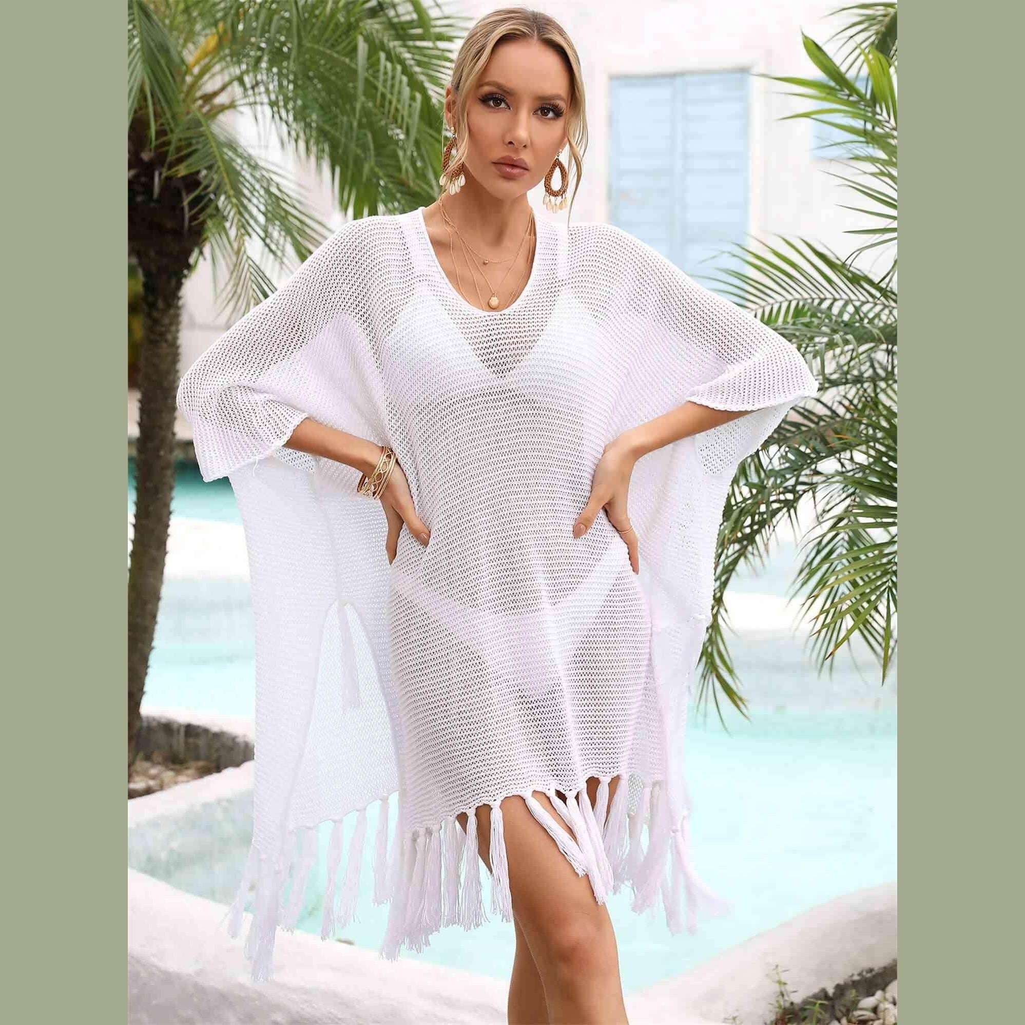 Fringe Trim Dolman Sleeve Openwork Cover-Up - VacationGrabs