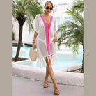 Women's Swimwear - Cover Ups Contrast Fringe Trim Openwork Cover-Up Dress