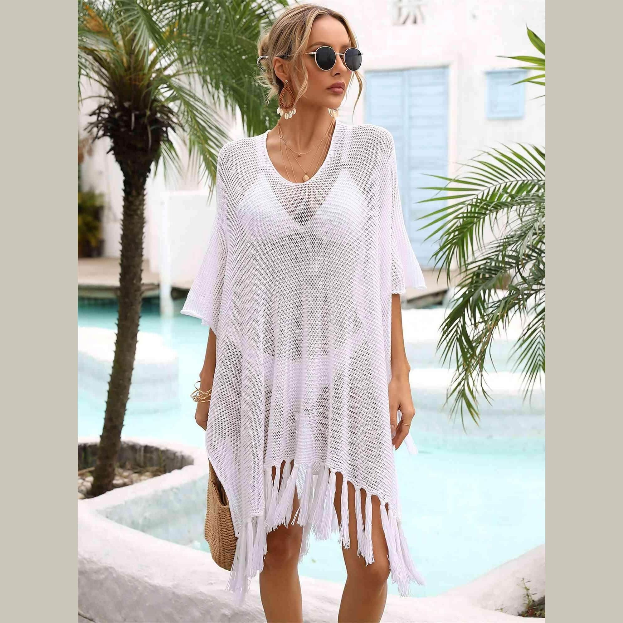 Fringe Trim Dolman Sleeve Openwork Cover-Up - VacationGrabs