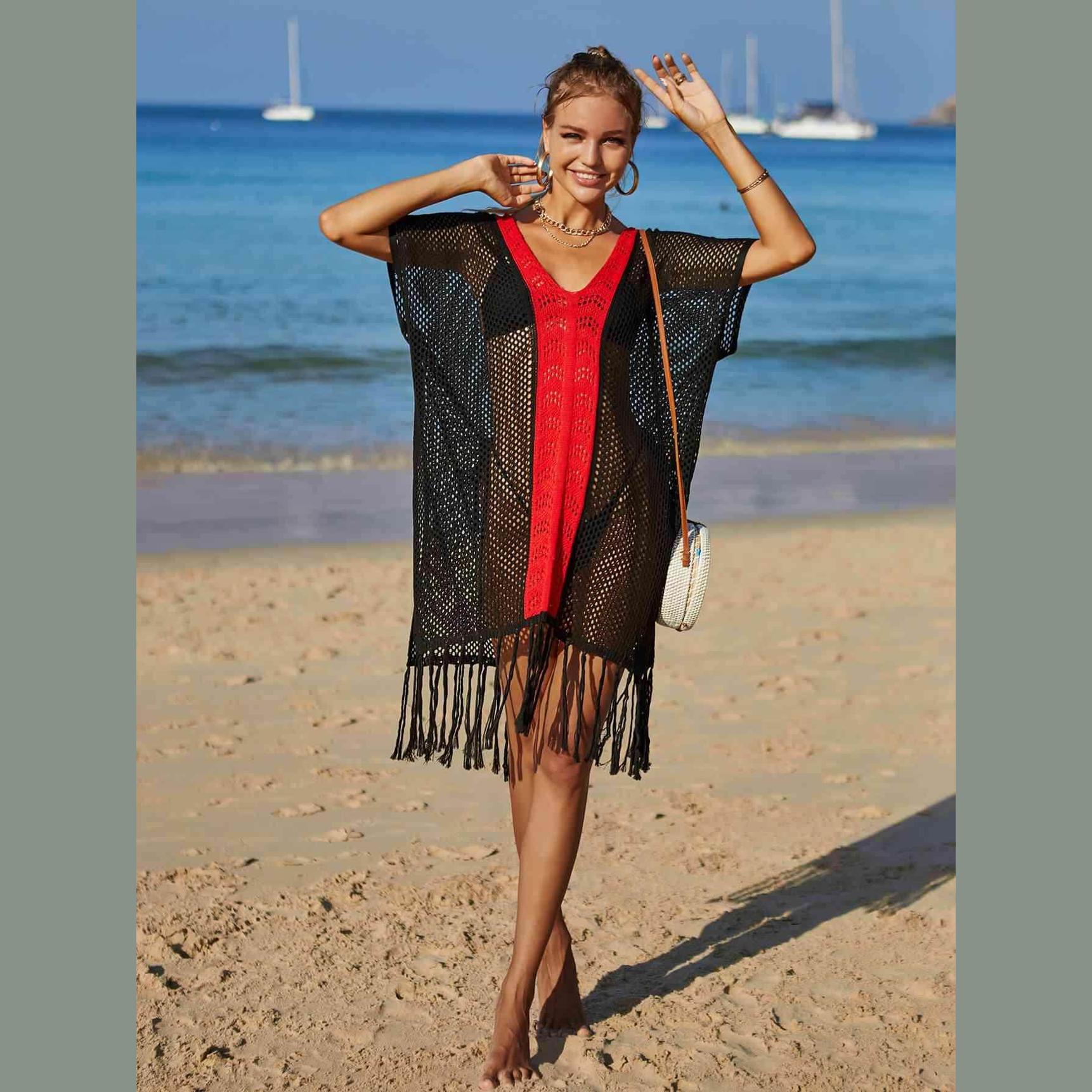 Contrast Fringe Trim Openwork Cover-Up Dress - VacationGrabs