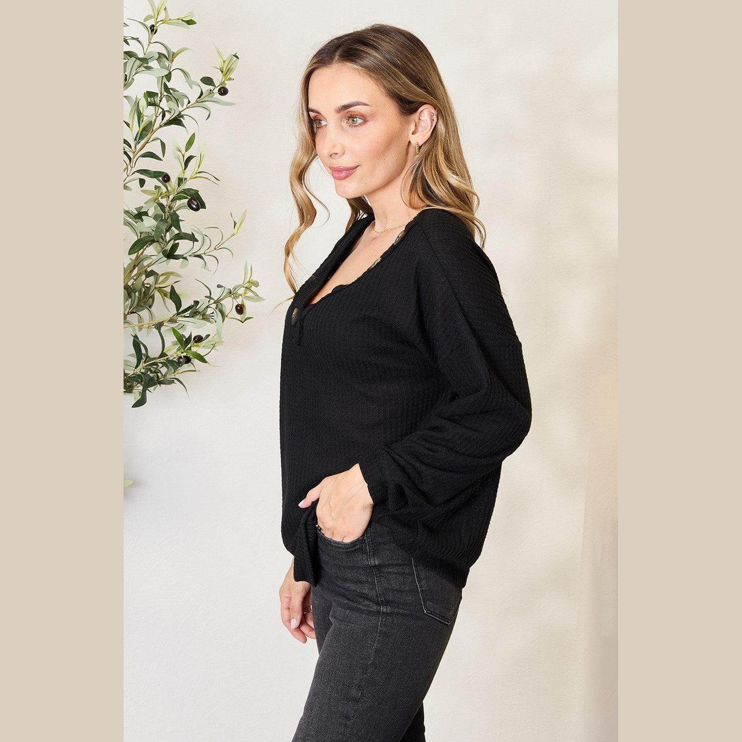 Zenana Buttoned Long Sleeve Blouse - VacationGrabs