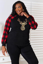 Heimish Full Size Sequin Reindeer Graphic Plaid Top - VacationGrabs
