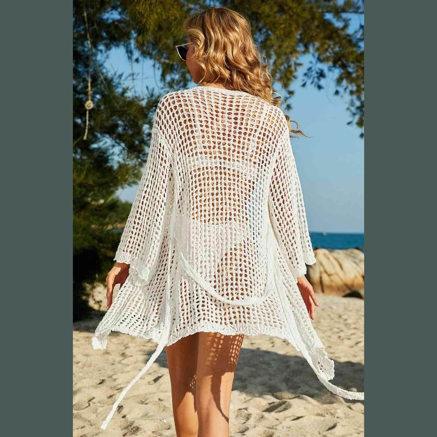 Tie-Waist Openwork Crochet Cover Up - VacationGrabs